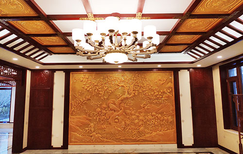 田阳中式别墅客厅中式木作横梁吊顶装饰展示